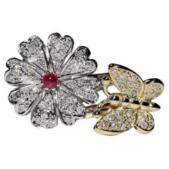 Vintage Circa 1990er Jahre 14k Gold Natürlicher Diamant und Cabochon Rubin Dekorierter Ring