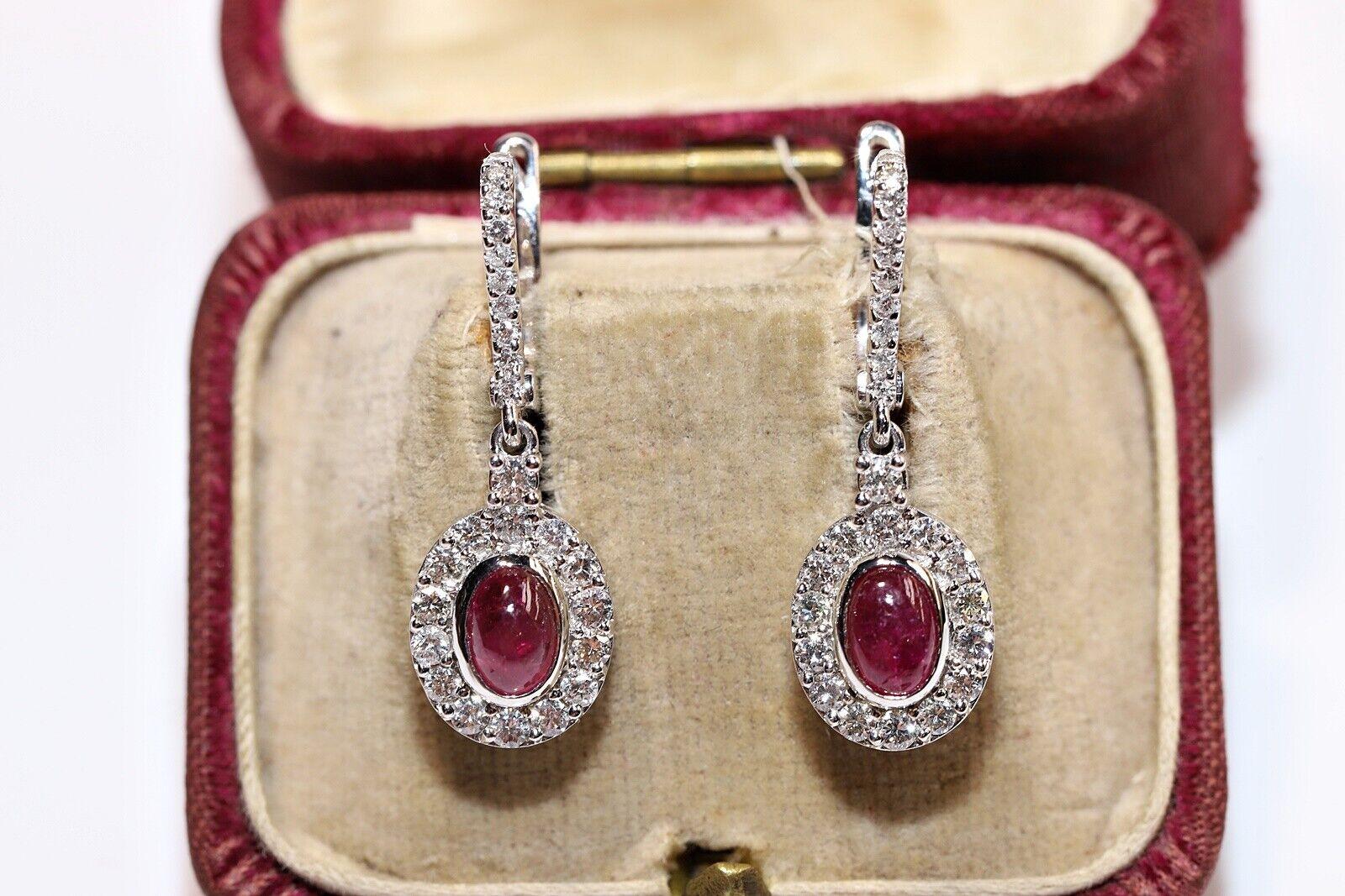 Vintage Circa 1990s 14k Gold Natural Diamond And Cabochon Ruby Drop Earring  For Sale 5