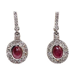 Vintage Circa 1990s 14k Gold Natural Diamond And Cabochon Ruby Drop Earring