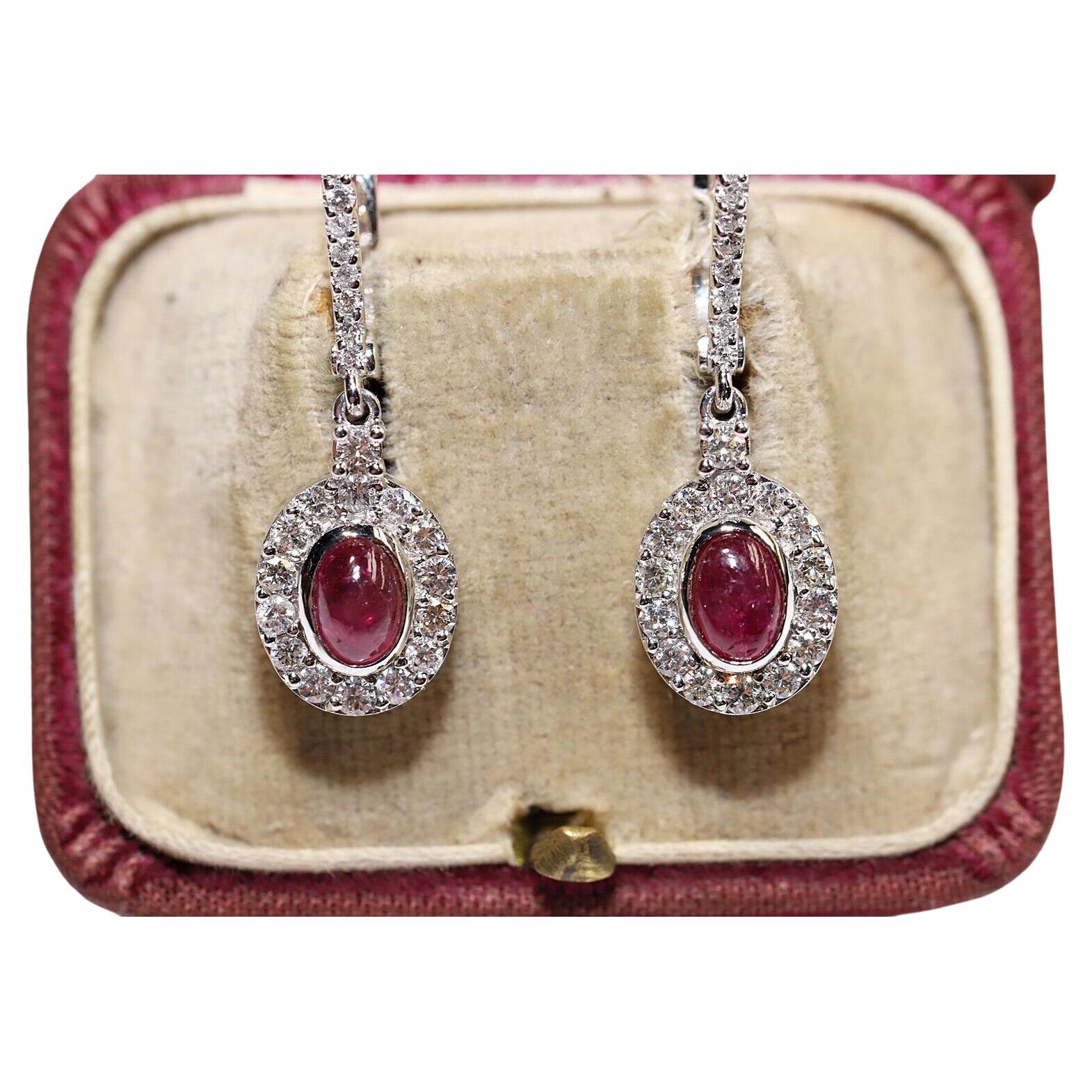 Vintage Circa 1990s 14k Gold Natural Diamond And Cabochon Ruby Drop Earring  For Sale