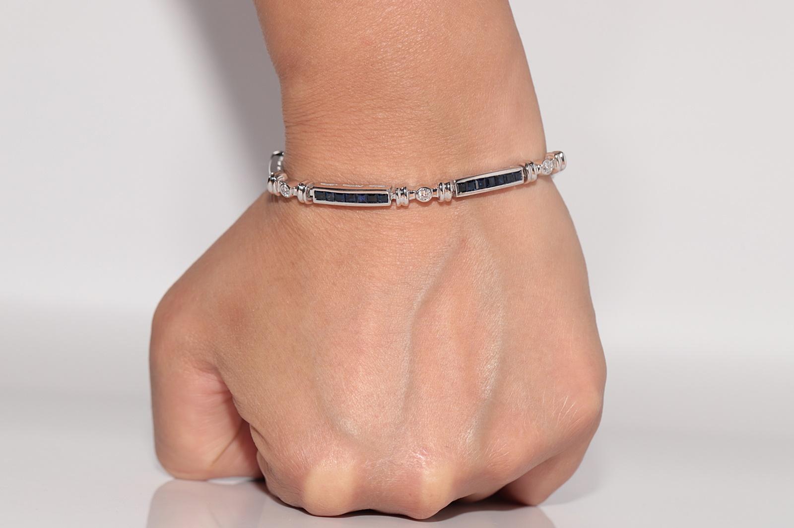 Rétro Bracciale in oro 14k con diamanti naturali e zaffiri calibrati, vintage, anni '90 circa. in vendita