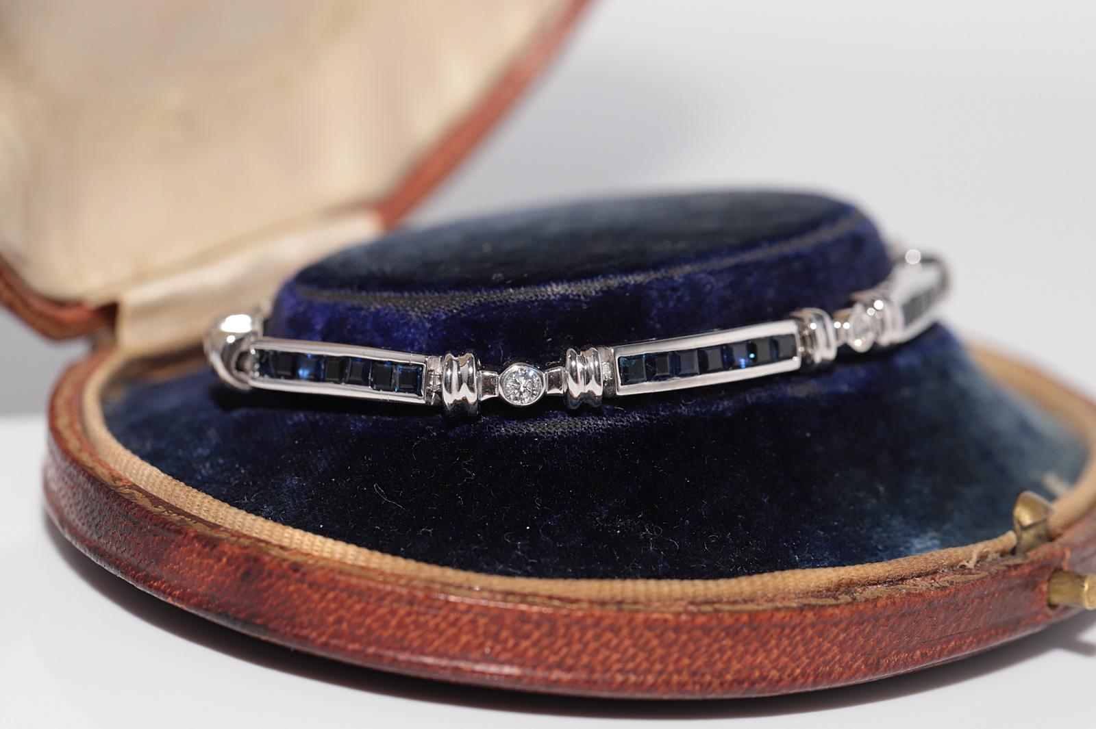 Bracciale in oro 14k con diamanti naturali e zaffiri calibrati, vintage, anni '90 circa. in vendita 2
