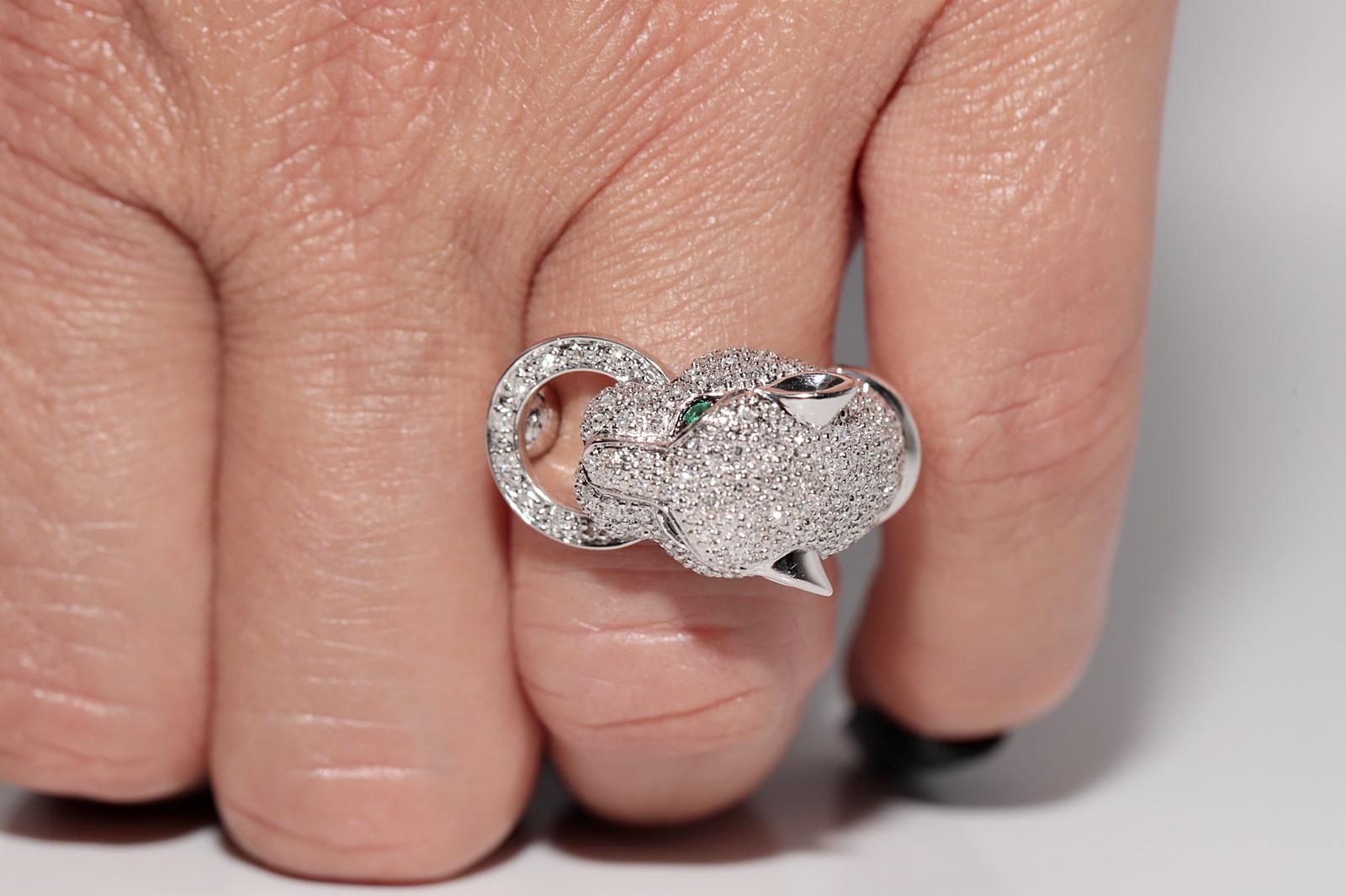 Vintage Circa 1990s 14k Gold Natural Diamond And Emerald Tiger Desing Ring For Sale 13