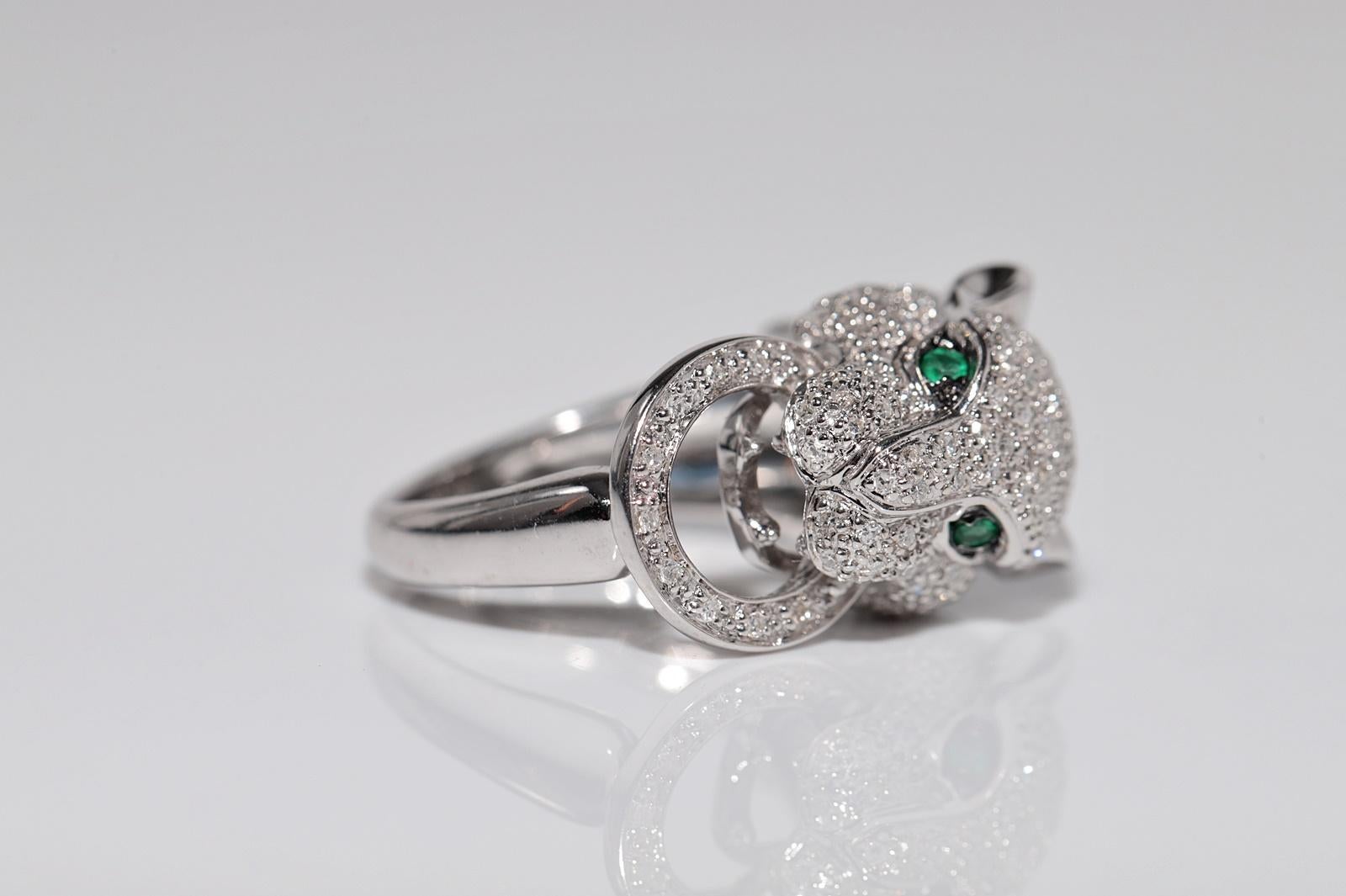 Vintage Circa 1990s 14k Gold Natural Diamond And Emerald Tiger Desing Ring For Sale 2