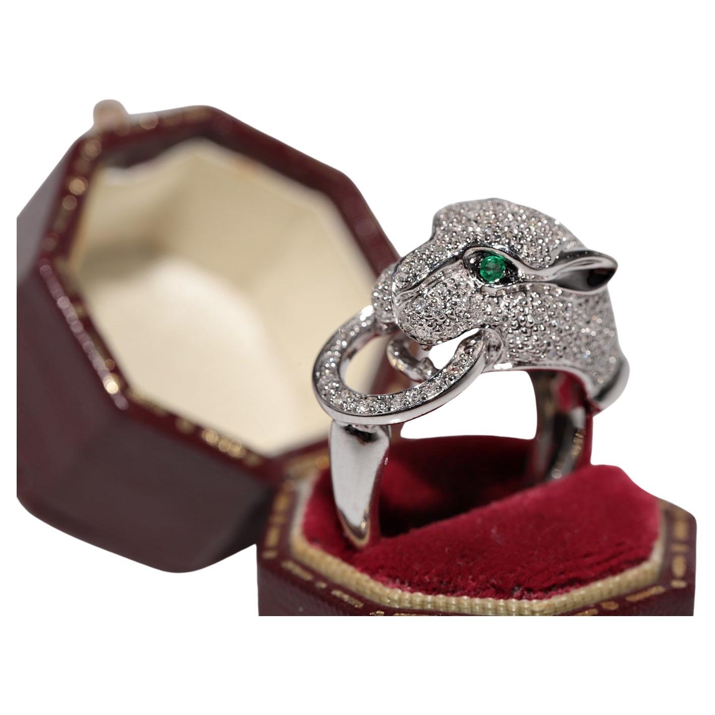 Vintage Circa 1990s 14k Gold Natural Diamond And Emerald Tiger Desing Ring For Sale