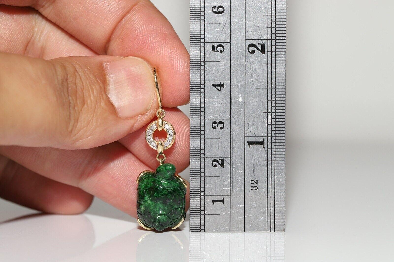 Vintage Circa 1990s 14k Gold Natural Diamond And Malachite Turtle Earring For Sale 4