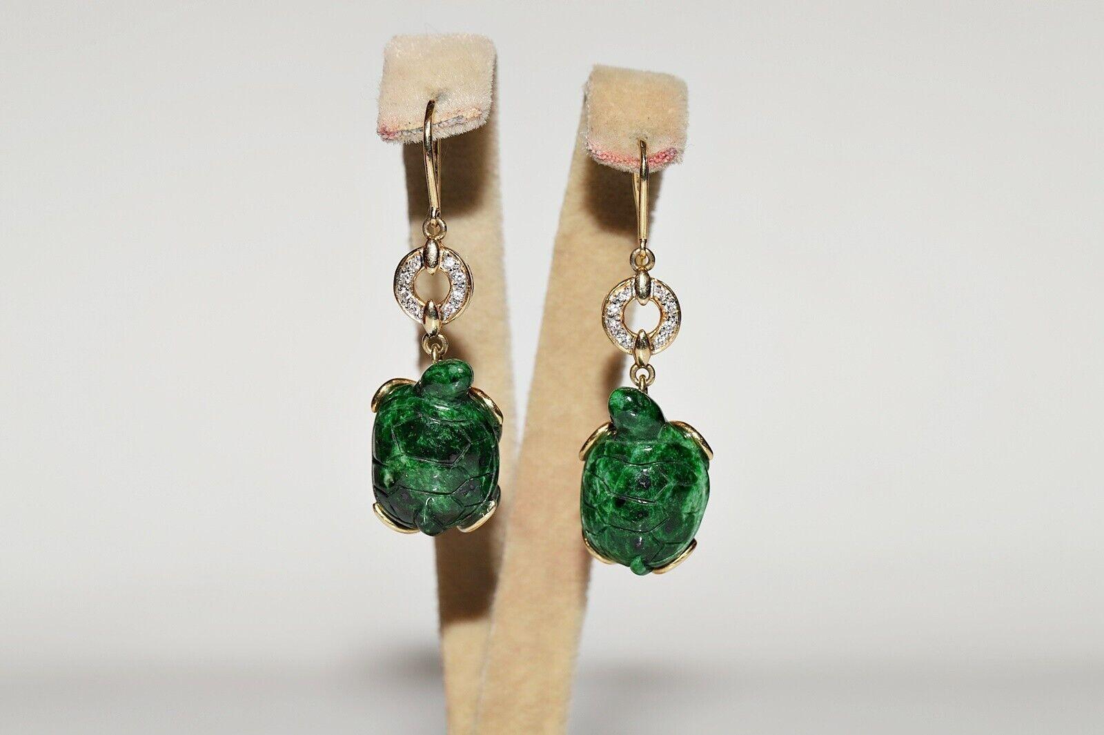 Vintage Circa 1990s 14k Gold Natural Diamond And Malachite Turtle Earring For Sale 5