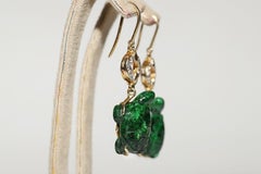 Vintage Circa 1990s 14k Gold Natural Diamond And Malachite Turtle Earring
