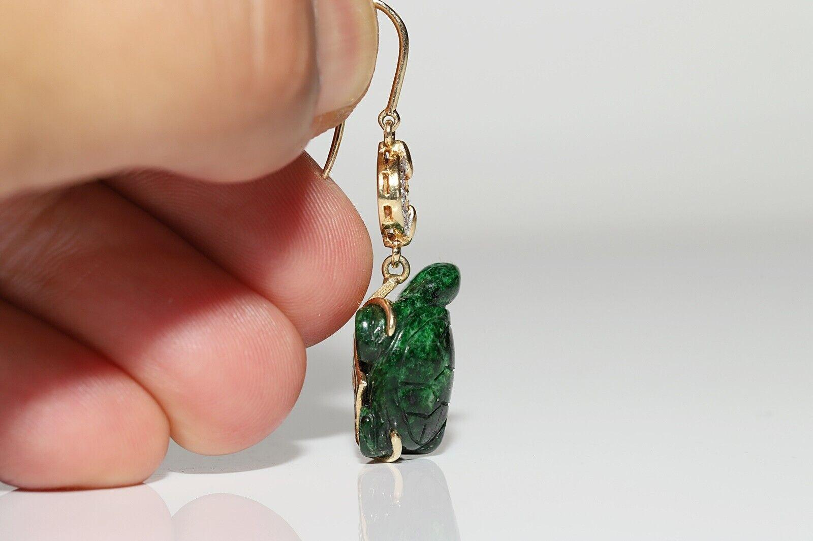 Retro Vintage Circa 1990s 14k Gold Natural Diamond And Malachite Turtle Earring For Sale