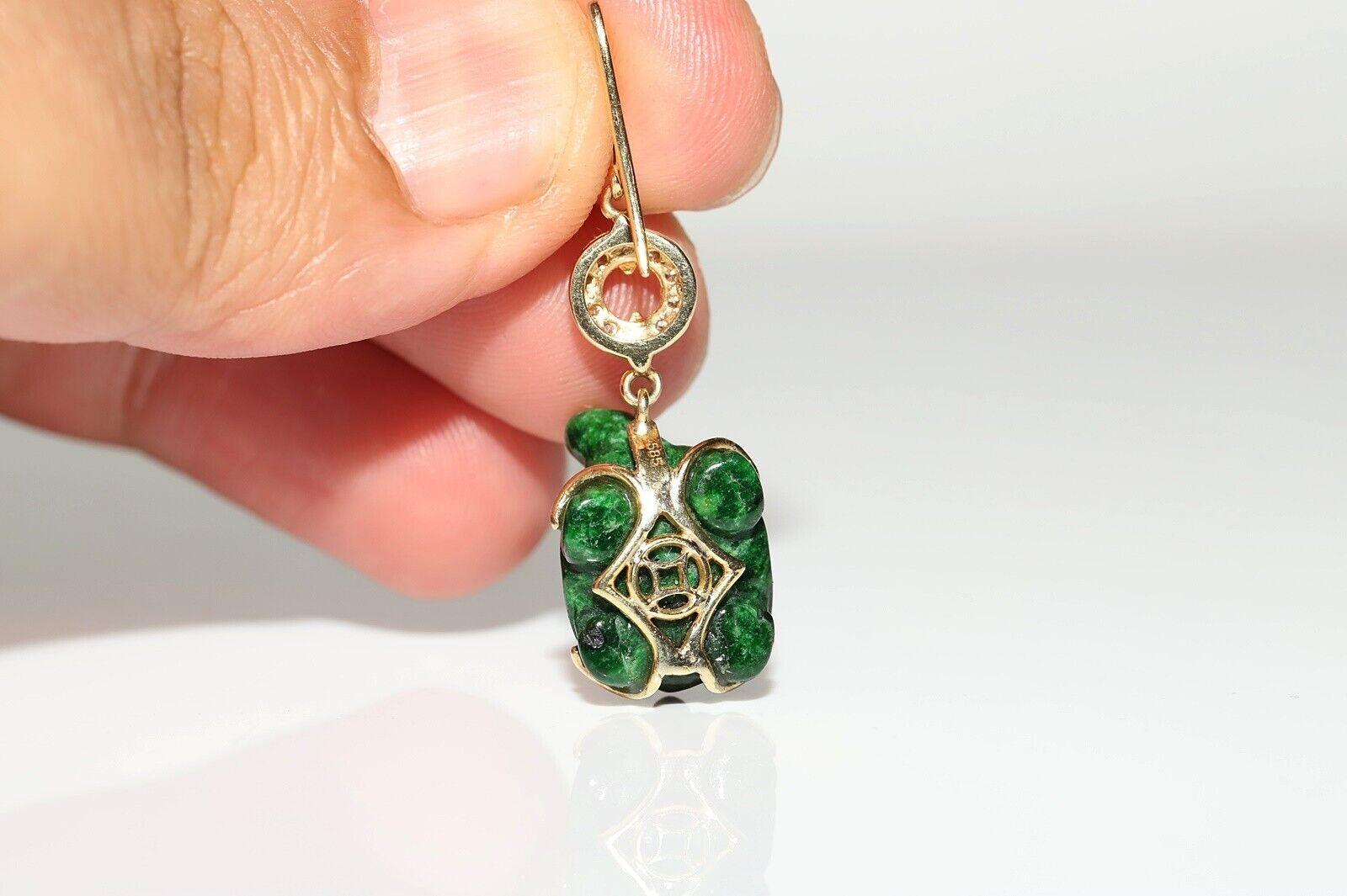 Vintage Circa 1990s 14k Gold Natural Diamond And Malachite Turtle Earring In Good Condition For Sale In Fatih/İstanbul, 34