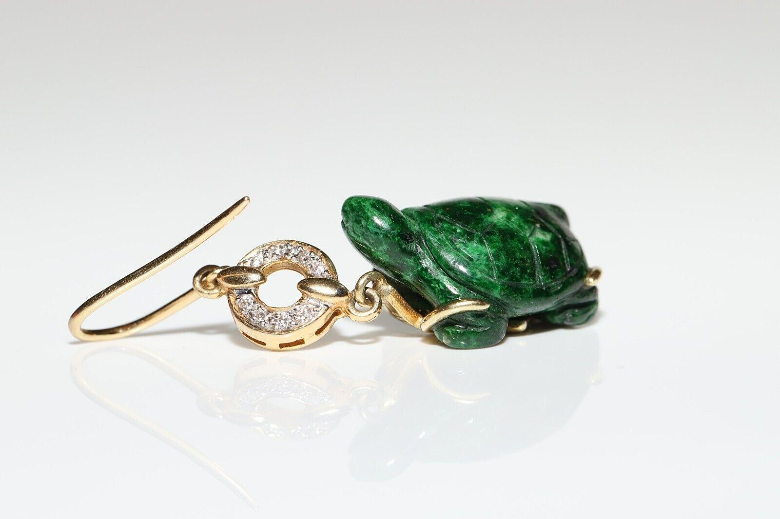 Vintage Circa 1990s 14k Gold Natural Diamond And Malachite Turtle Earring For Sale 1