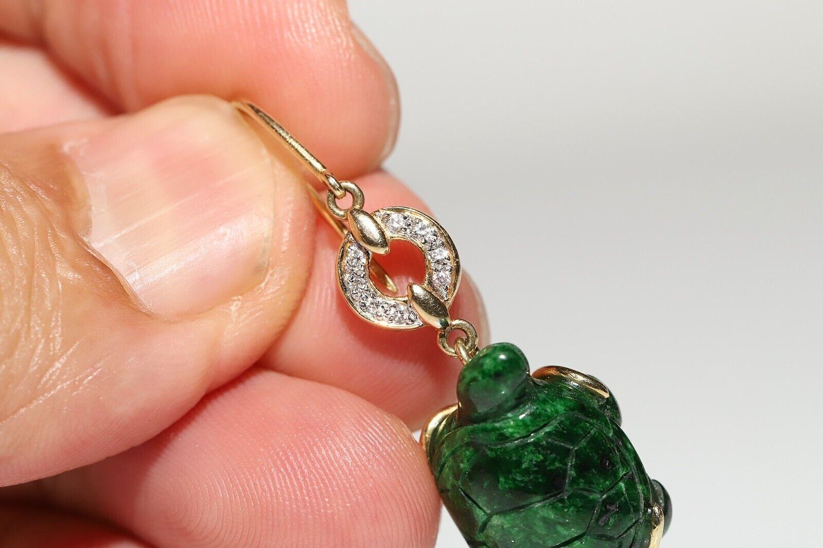 Vintage Circa 1990s 14k Gold Natural Diamond And Malachite Turtle Earring For Sale 2