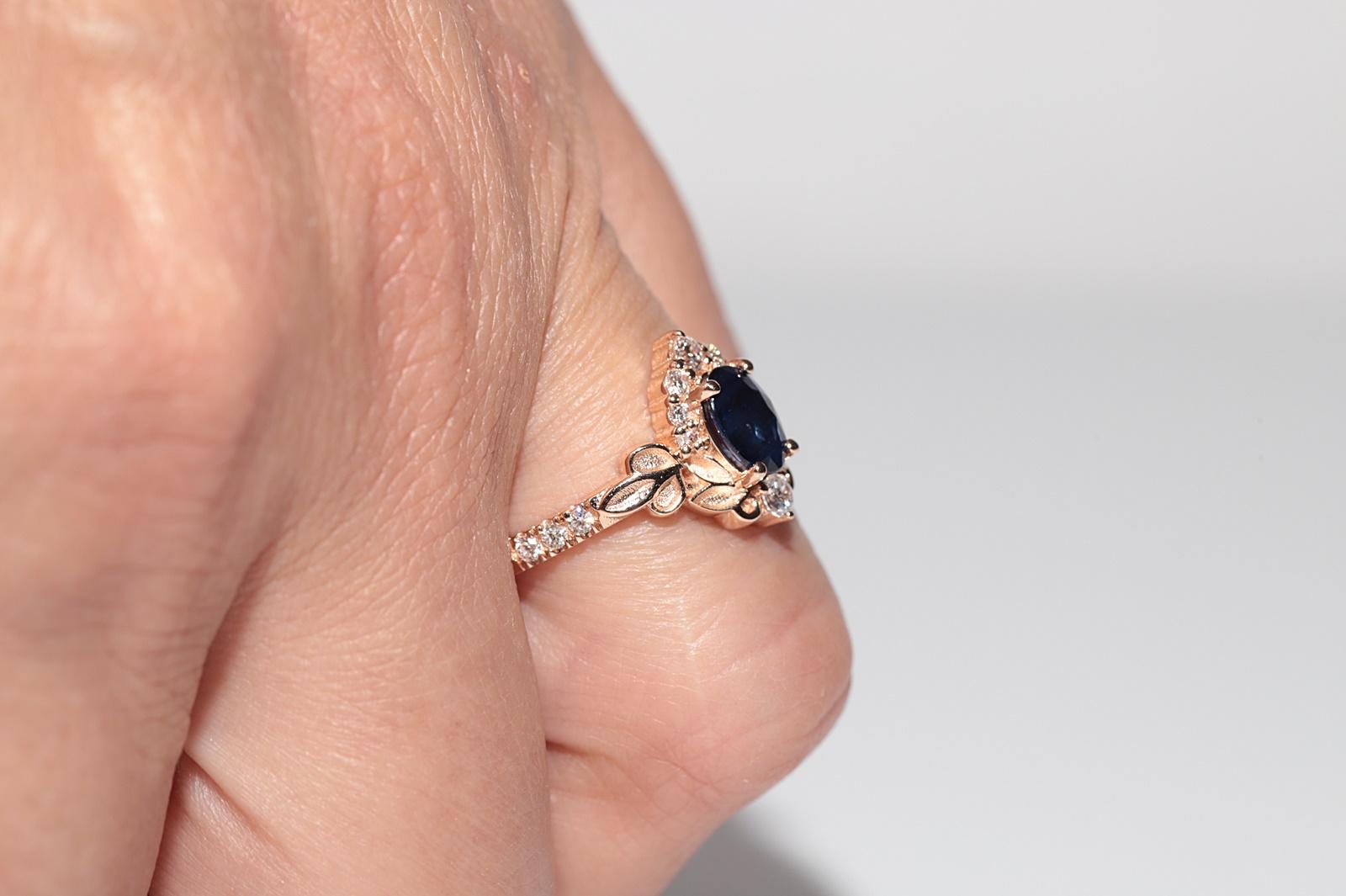 Vintage CIRCA 1990er Jahre 14k Gold Naturdiamant und Oval Cut Saphir Navette Ring im Angebot 12