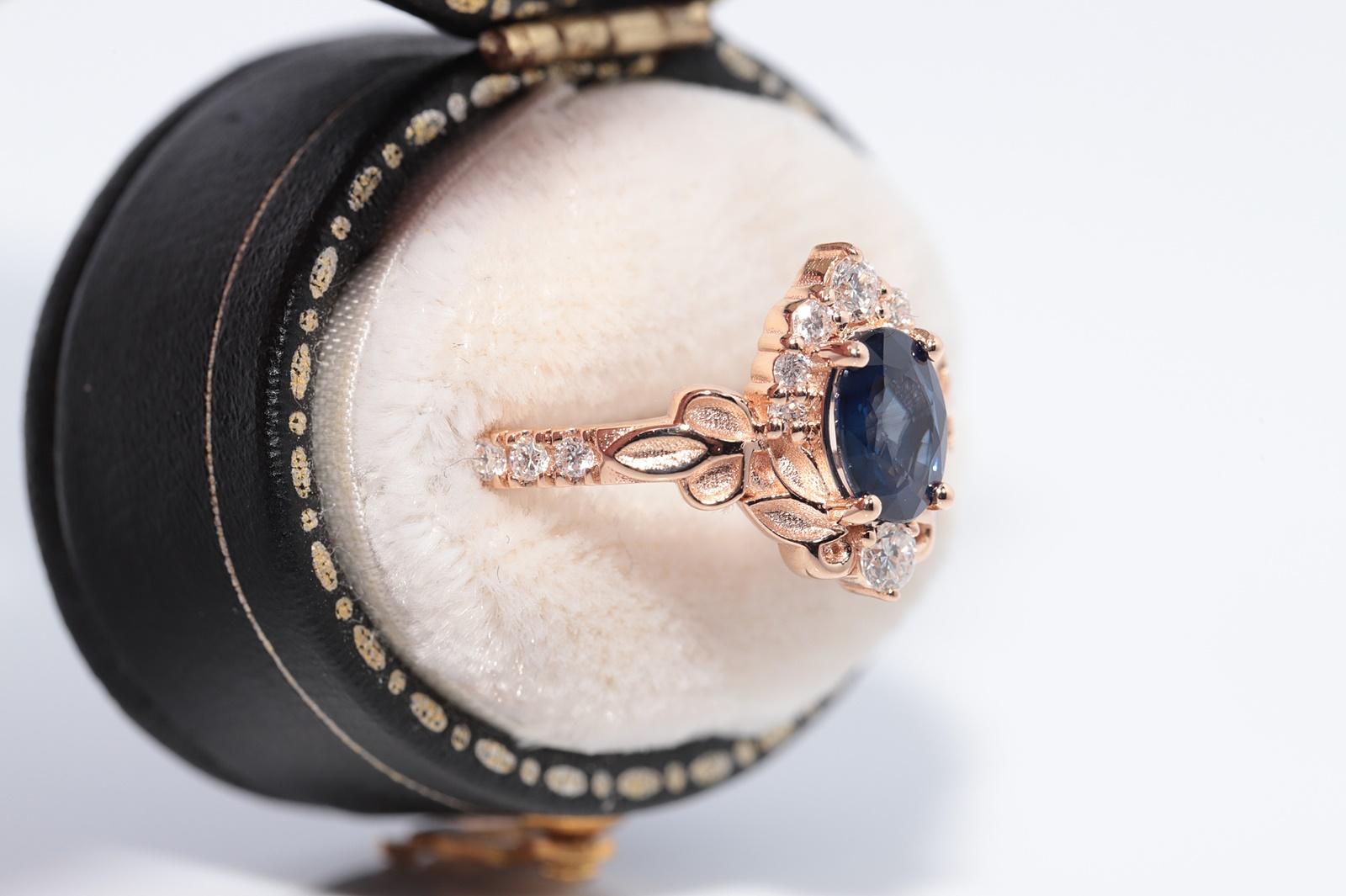 Vintage CIRCA 1990er Jahre 14k Gold Naturdiamant und Oval Cut Saphir Navette Ring (Kunsthandwerker*in) im Angebot