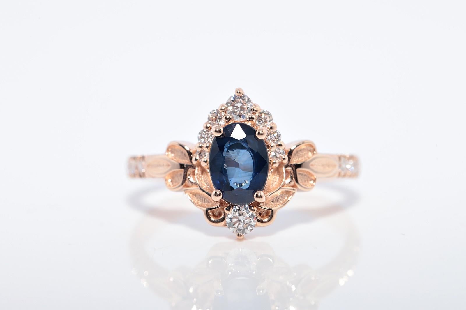 Vintage CIRCA 1990er Jahre 14k Gold Naturdiamant und Oval Cut Saphir Navette Ring (Brillantschliff) im Angebot