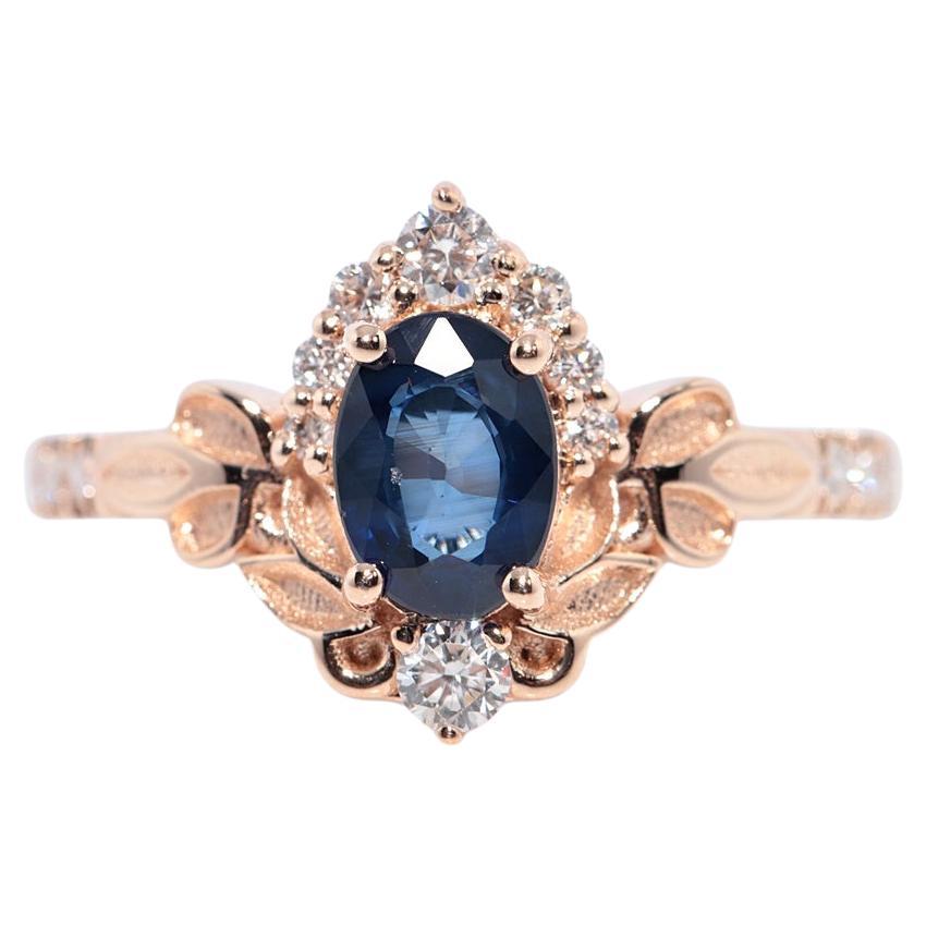 Vintage Circa 1990 Bague Navette en or 14k diamant naturel et saphir de taille ovale