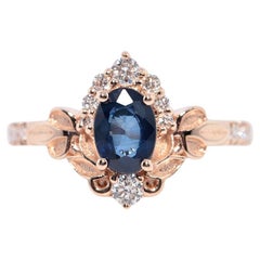 Vintage Circa 1990 Bague Navette en or 14k diamant naturel et saphir de taille ovale