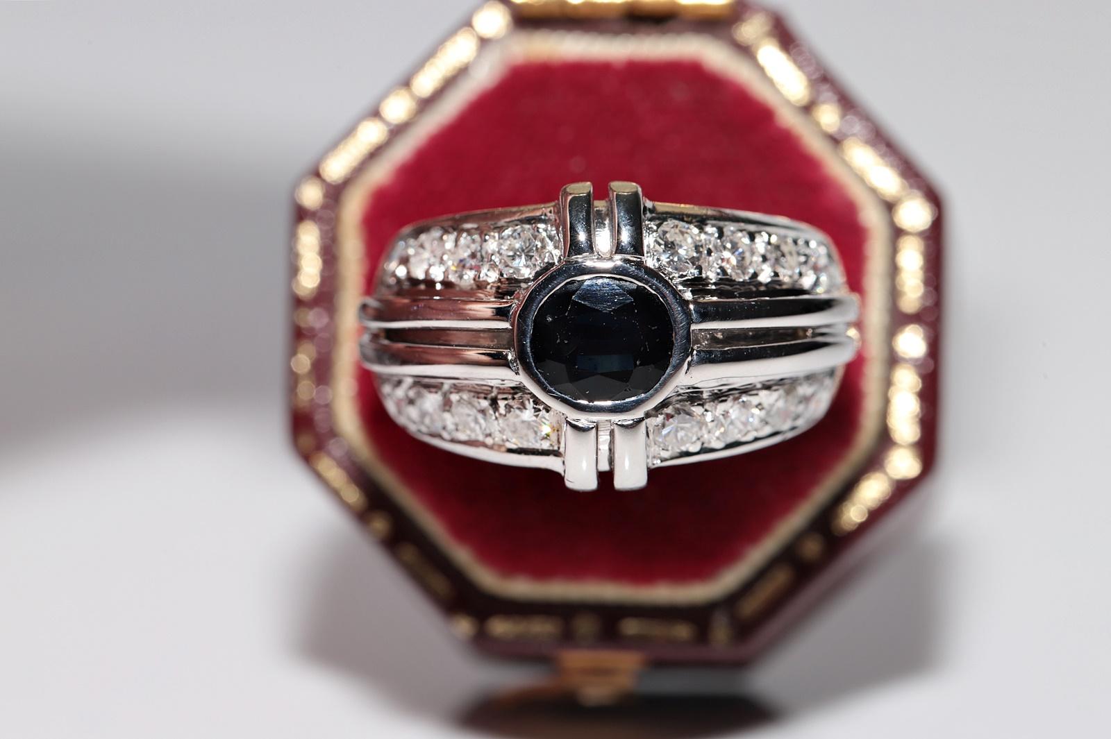 In very good condition.
Total weight is 11.3 grams.
Totally is diamond 0.60 ct.
The diamond is has G-H  color and vs-S1 clarity.
Totally is sapphire 0.50 ct.
Ring size is US 6.5
We can make any size.
Box is not included.
Please contact for any