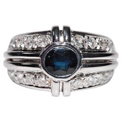 Vintage Circa 1990s 14k Gold Natural Diamond And Oval Sapphire Strong Ring