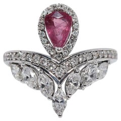 Anello decorato con diamanti naturali e rubini taglio pera in oro 14k, vintage, anni '90 circa.
