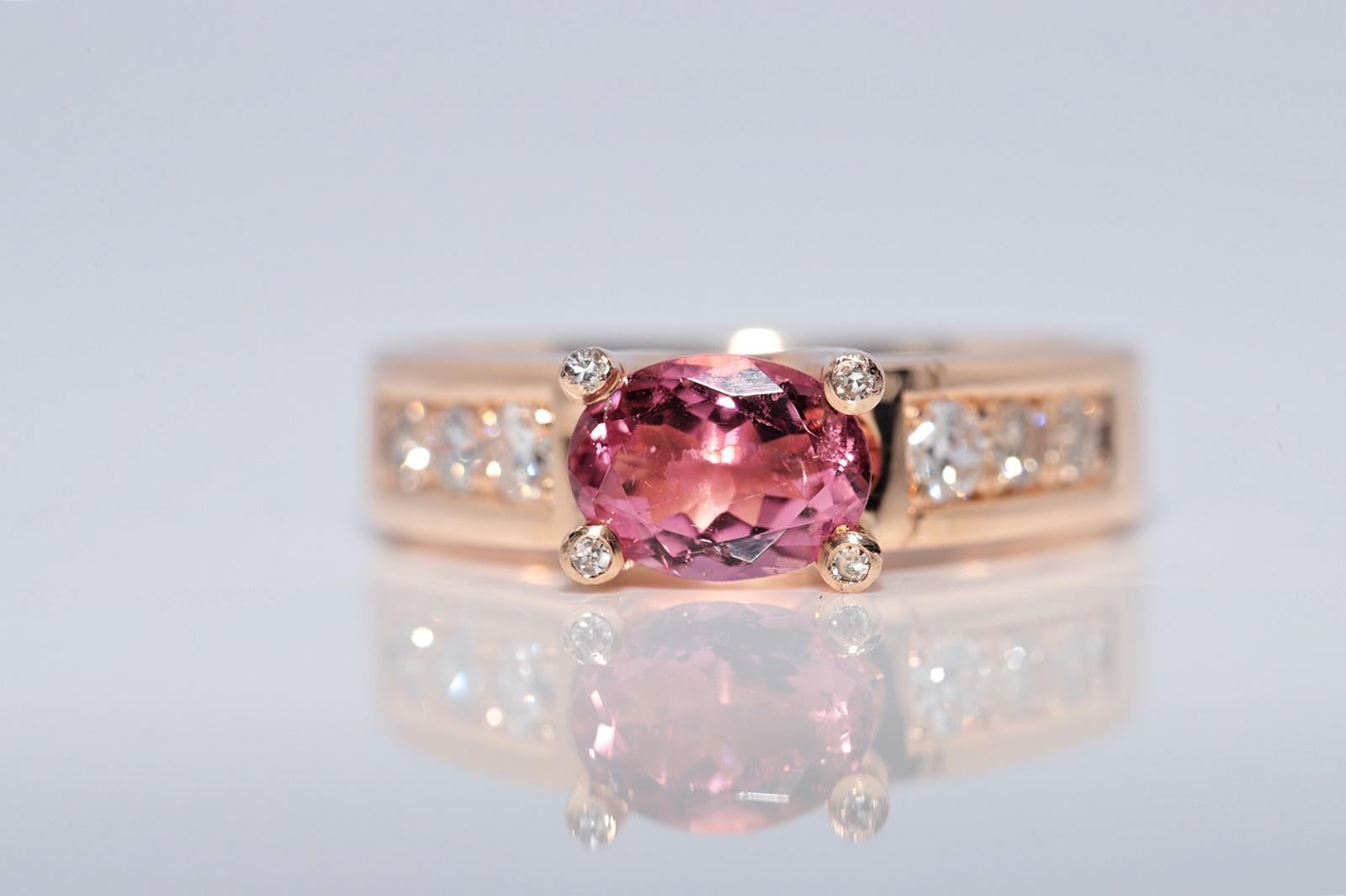 Vintage Circa 1990er Jahre 14k Gold Natürlicher Diamant und rosa Turmalin Dekorierter Ring