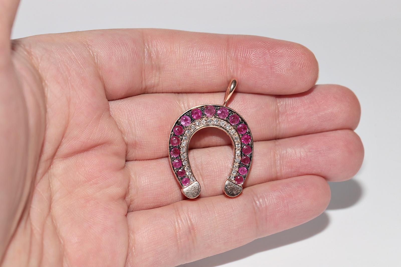 De las mujeres Colgante vintage circa años 90 de oro de 14k con diamante natural y rubí en forma de herradura