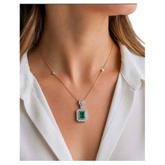 Vintage Circa 1990s 14k Gold Natural Diamond And Square Cut Emerald Necklace