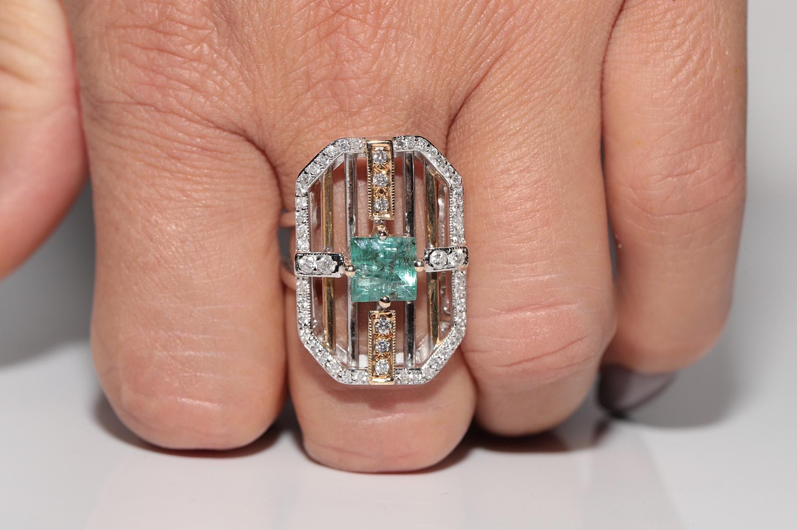 Vintage Circa 1990er Jahre 14k Gold natürlicher Diamant und Smaragdring mit quadratischem Schliff im Angebot 5