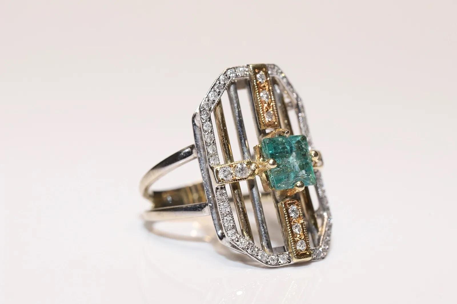 Vintage Circa 1990er Jahre 14k Gold natürlicher Diamant und Smaragdring mit quadratischem Schliff im Zustand „Gut“ im Angebot in Fatih/İstanbul, 34