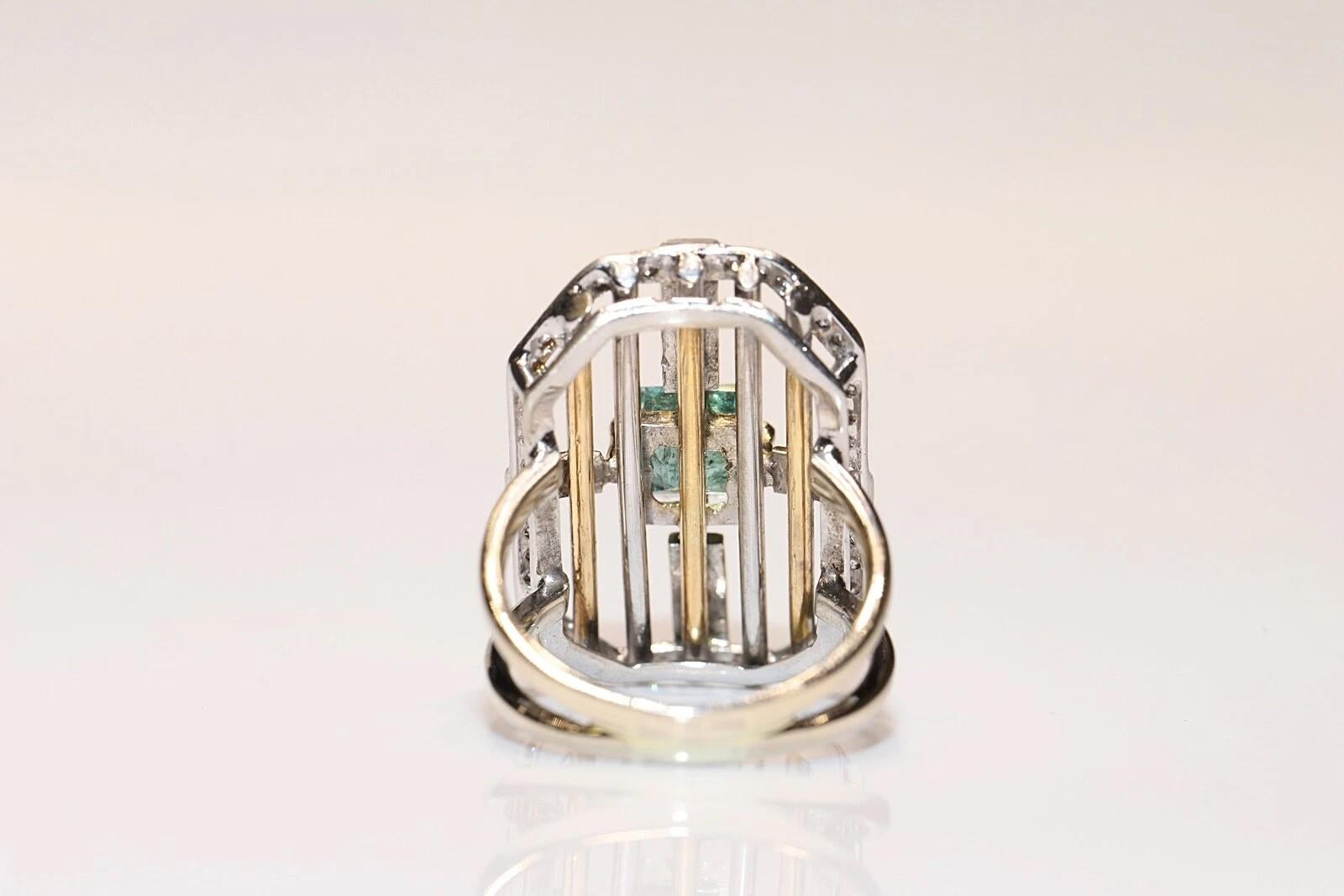 Vintage Circa 1990er Jahre 14k Gold natürlicher Diamant und Smaragdring mit quadratischem Schliff Damen im Angebot