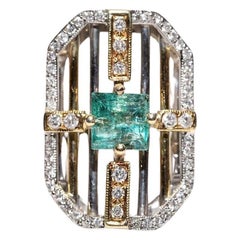 Bague vintage des années 1990 en or 14 carats avec diamant naturel et émeraude taille carrée