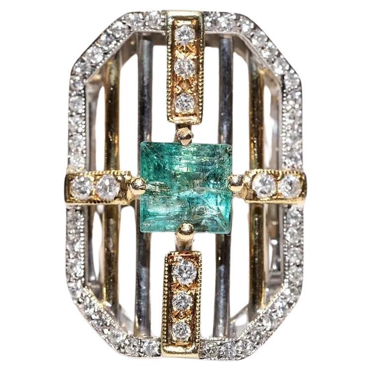 Anillo vintage circa años 90 de oro de 14k con diamante natural y esmeralda de talla cuadrada