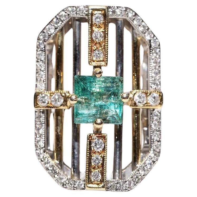 Anello Vintage CIRCA anni 
90 in oro 14k con diamante naturale e smeraldo taglio quadrato