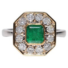 Anello forte con diamante naturale e smeraldo taglio quadrato in oro 14k, CIRCA anni '90