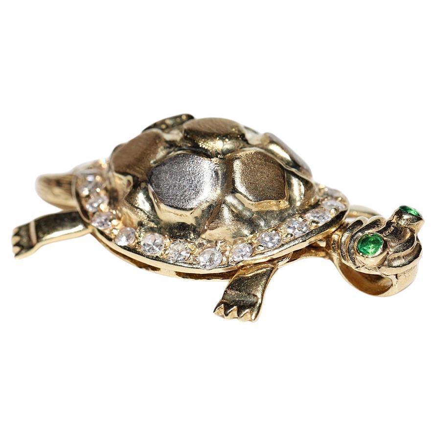 Vintage Circa 1990s 14k Gold Natural Diamond And Turtle Decorated Pendant  For Sale