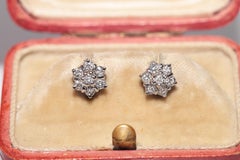 Vintage Circa 1990s 14k Gold Natural Diamond Decorated Rose Style Earring