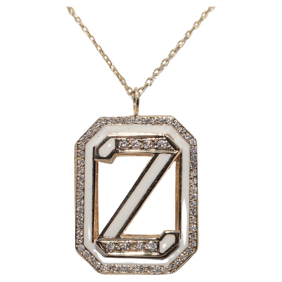 Vintage CIRCA 1990s 14k Gold Natürliche Diamant-Emaille Z Brief Anhänger Halskette im Angebot