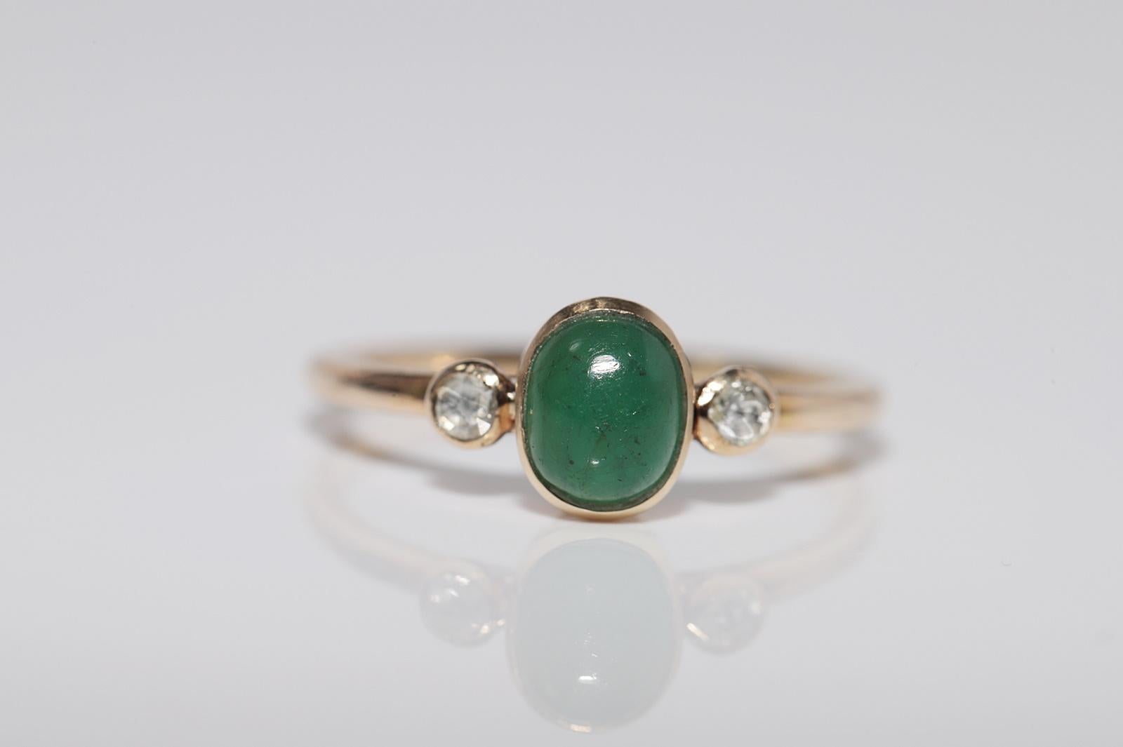 Vintage Circa 1990er Jahre 14k Gold natürlicher Diamant im Rosenschliff und Cabochon-Smaragdring im Zustand „Gut“ im Angebot in Fatih/İstanbul, 34
