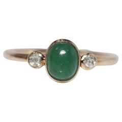 Bague vintage des années 1990 en or 14 carats avec diamants naturels taille rose et émeraude cabochon