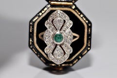Vintage Circa 1990s 14k Gold Top Silver Natural Diamond And Emerald Navette Ring