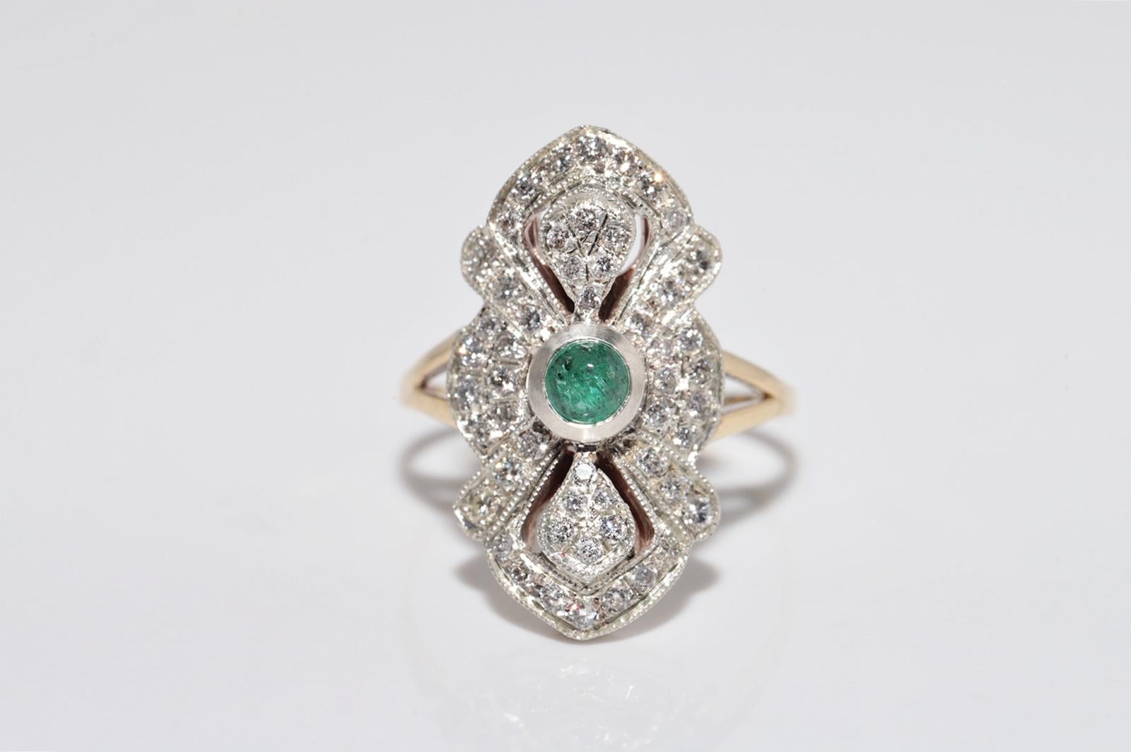 Taille brillant Vintage Circa 1990s 14k Gold Top Silver Natural Diamond And Emerald Navette Ring en vente