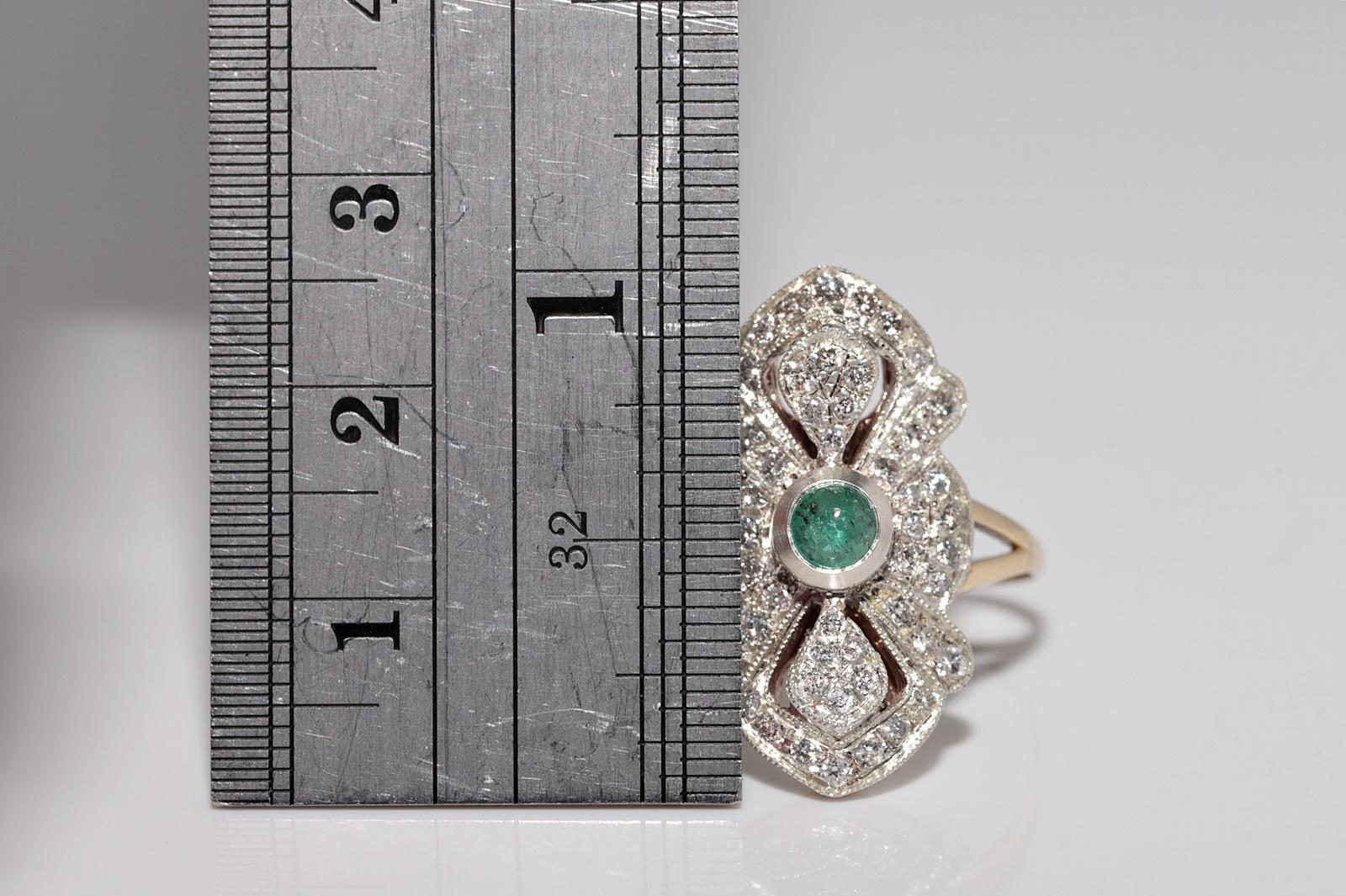 Vintage Circa 1990s 14k Gold Top Silver Natural Diamond And Emerald Navette Ring Bon état - En vente à Fatih/İstanbul, 34