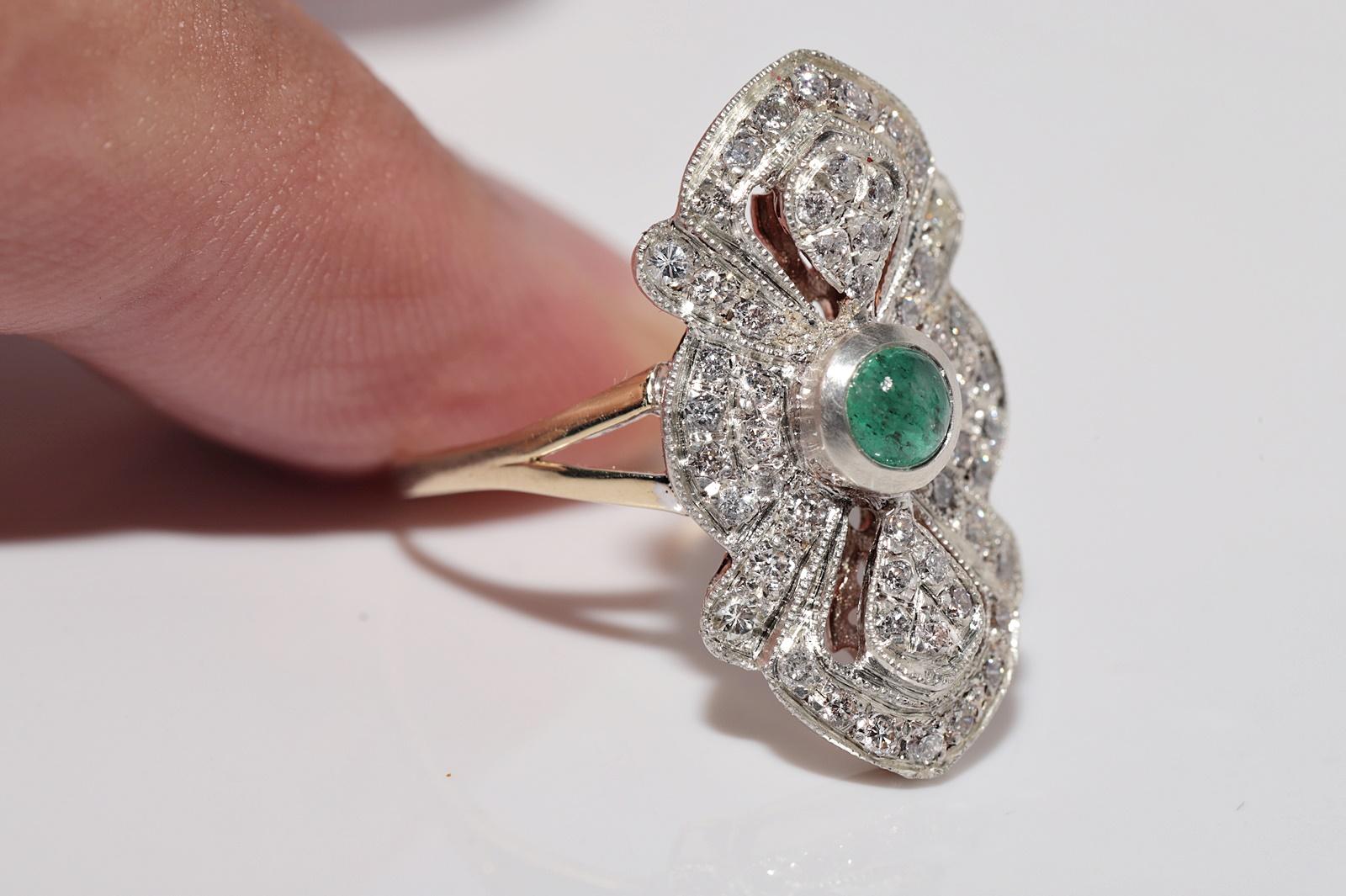 Vintage Circa 1990s 14k Gold Top Silver Natural Diamond And Emerald Navette Ring Pour femmes en vente