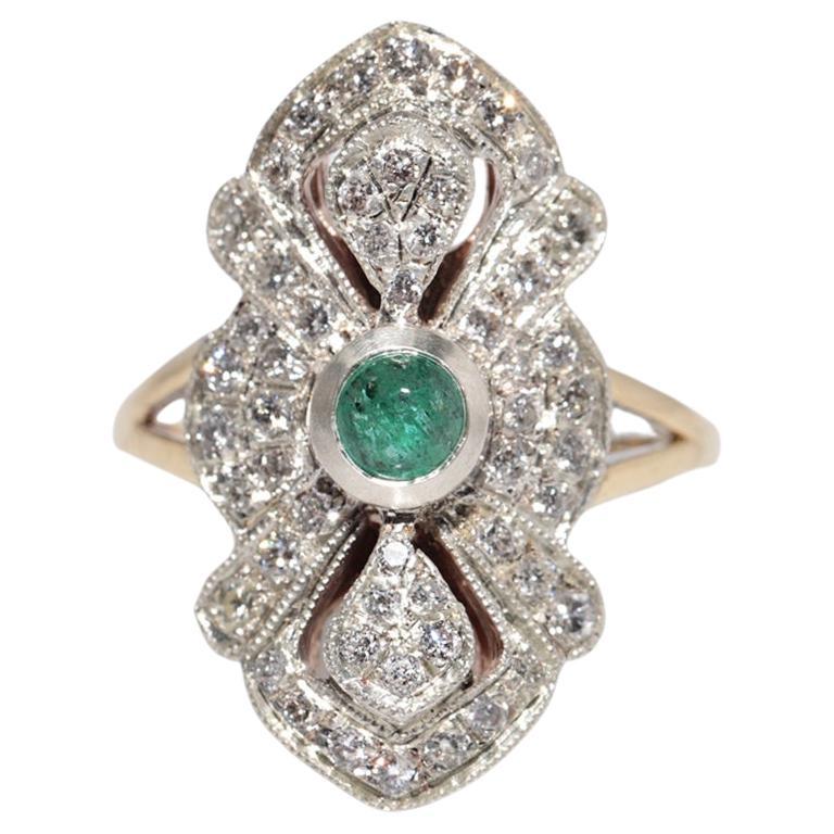 Vintage Circa 1990s 14k Gold Top Silver Natural Diamond And Emerald Navette Ring en vente