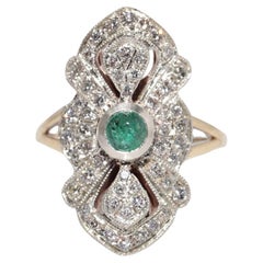 Vintage Circa 1990s 14k Gold Top Silver Natural Diamond And Emerald Navette Ring