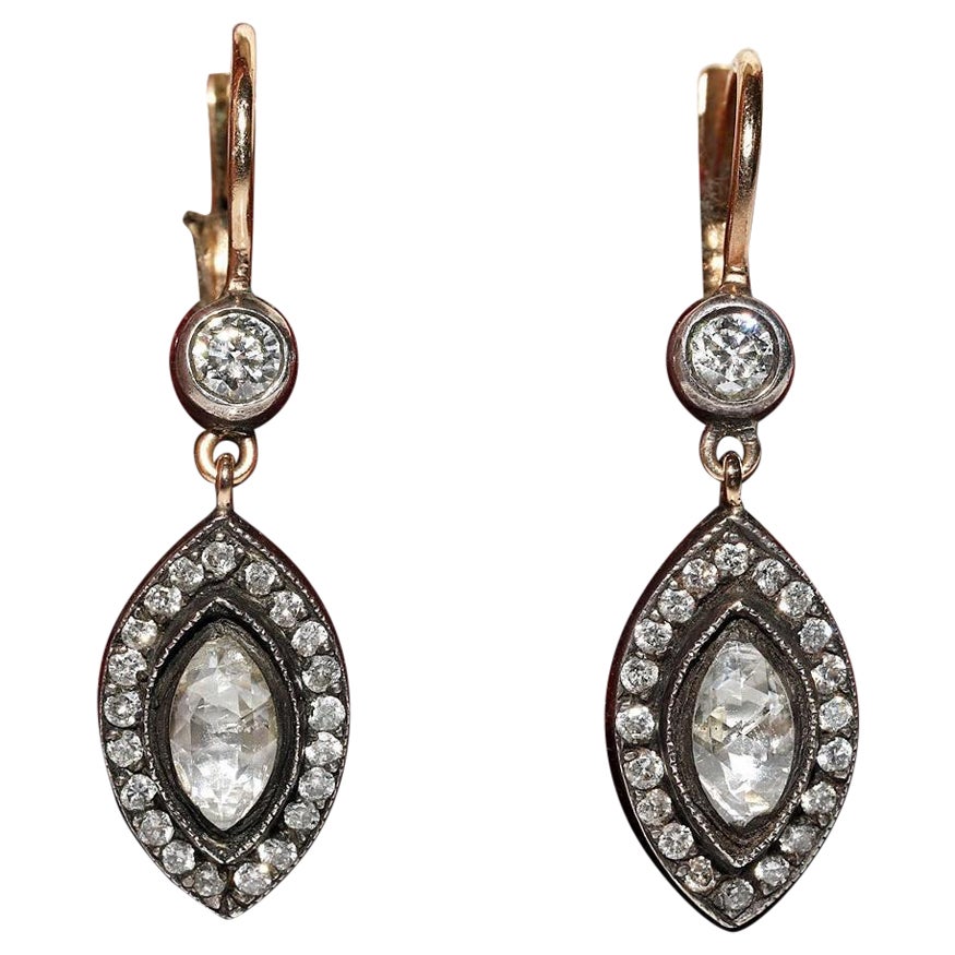 Vintage Circa 1990er Jahre 14k Gold Top Silber natürlicher Diamant Dekorierter Tropfenohrring