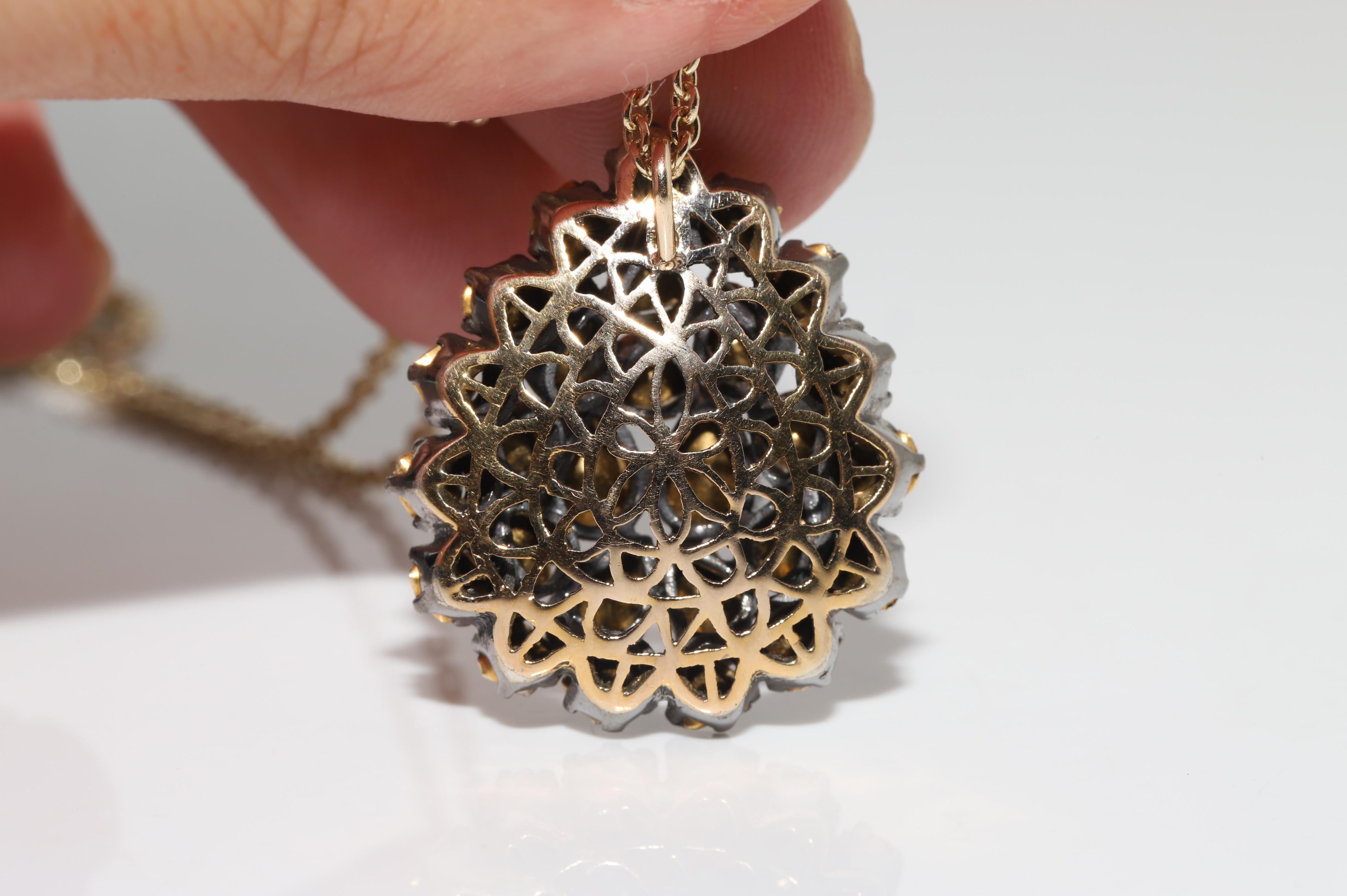 Vintage Circa 1990s 14k Gold Top Silver Natural Rose Cut Diamond Drop Necklace For Sale 5