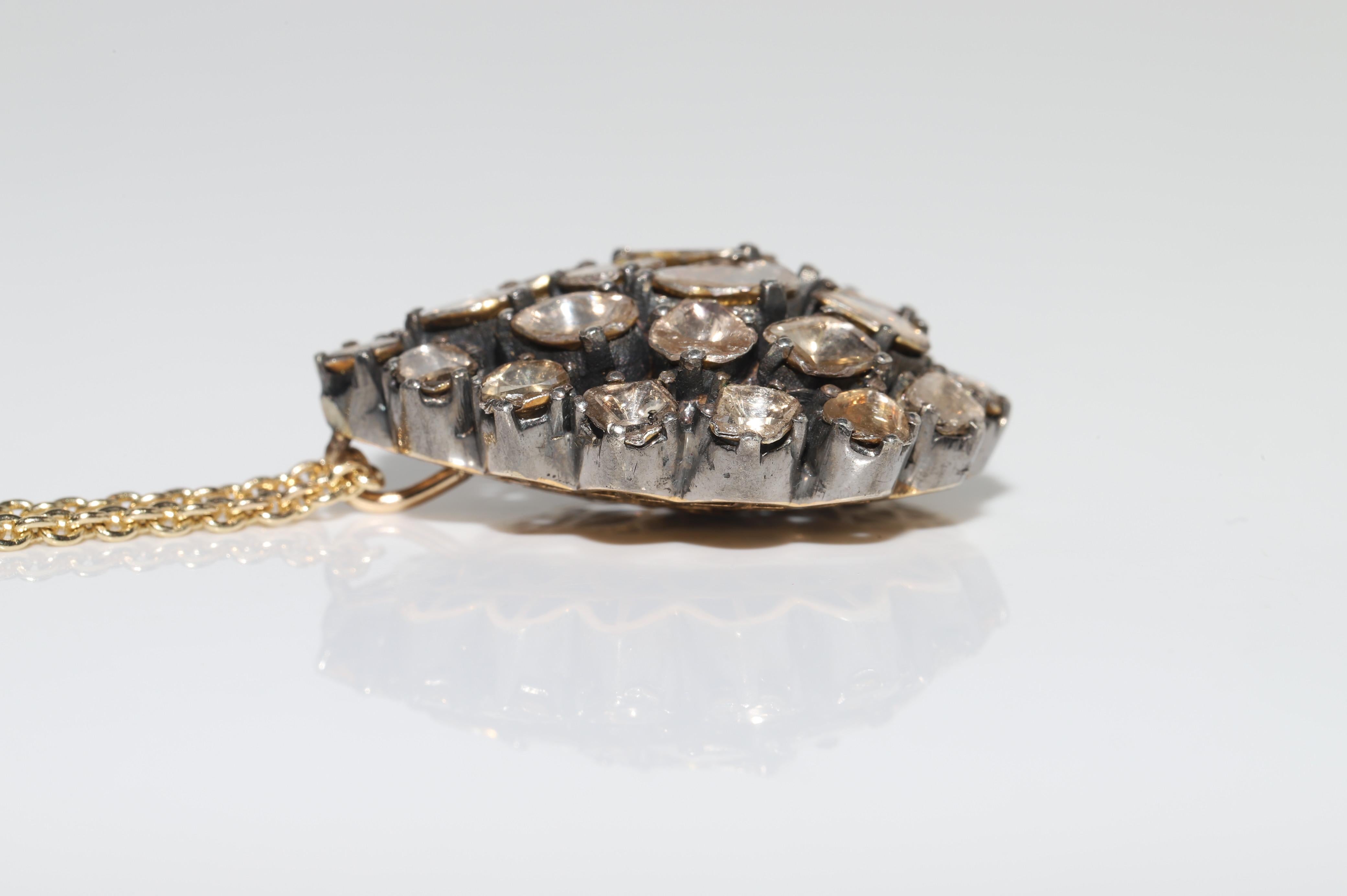 Vintage Circa 1990s 14k Gold Top Silver Natural Rose Cut Diamond Drop Necklace For Sale 6