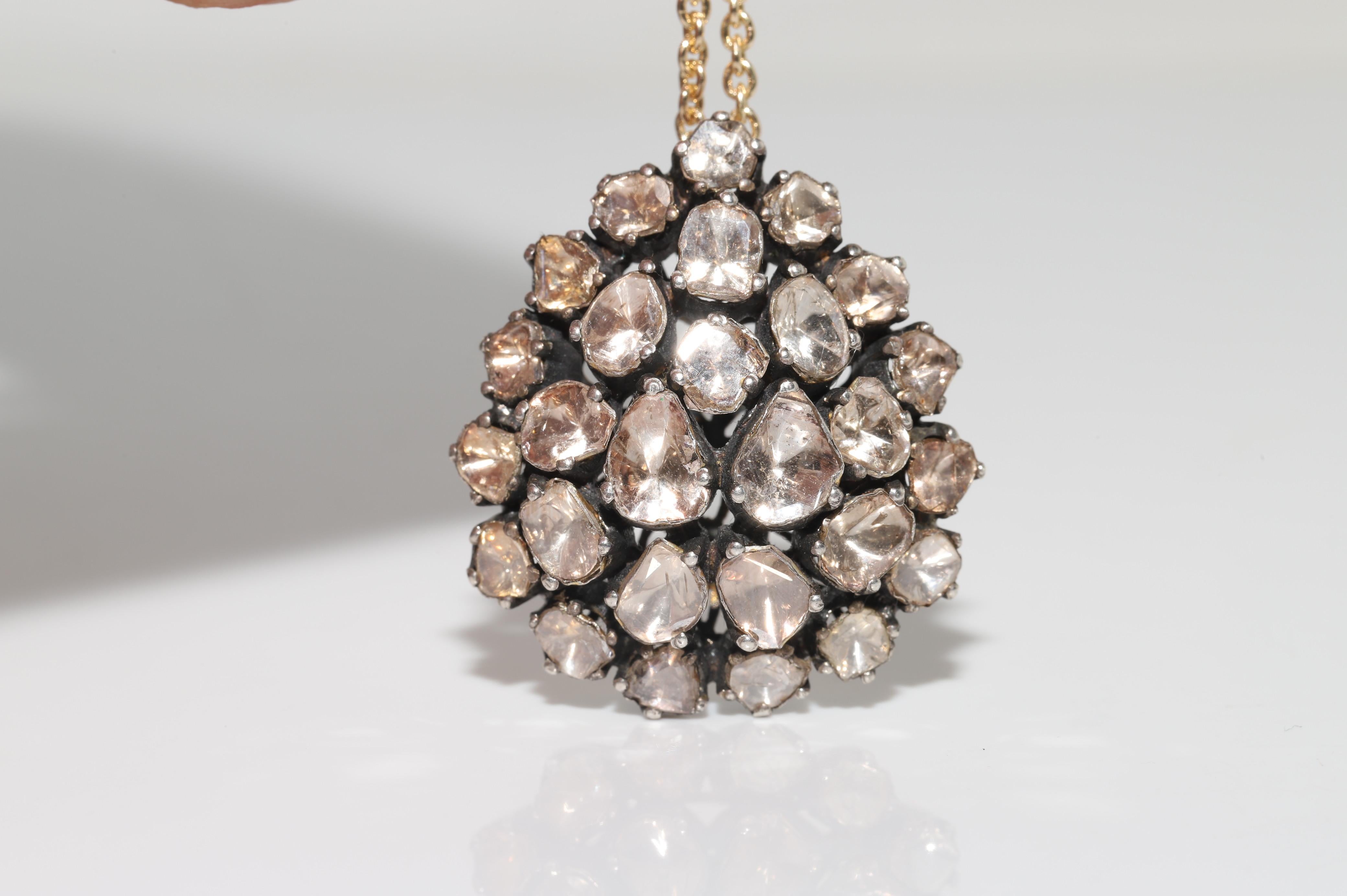 Vintage Circa 1990s 14k Gold Top Silver Natural Rose Cut Diamond Drop Necklace For Sale 7