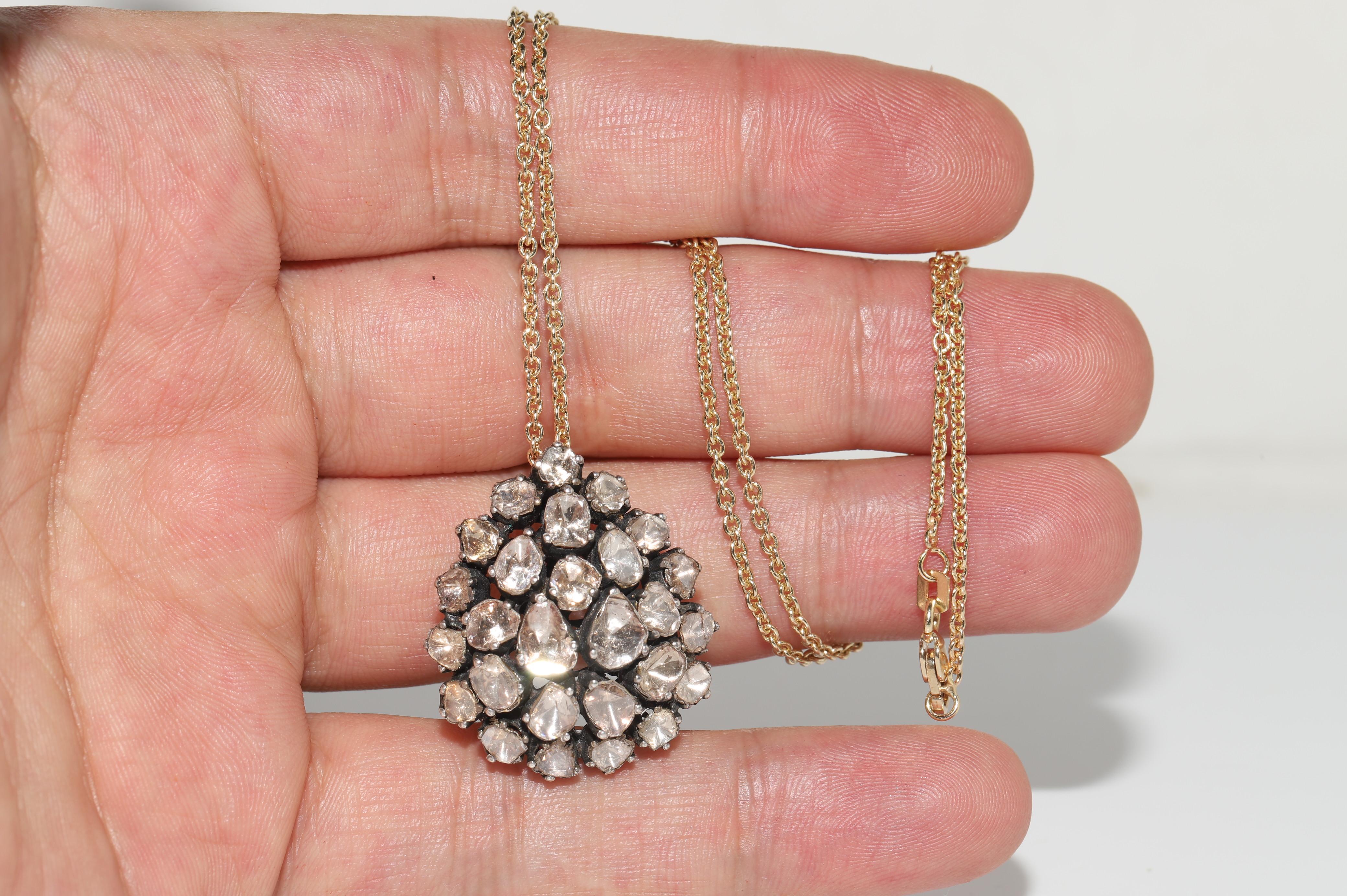 Vintage Circa 1990s 14k Gold Top Silver Natural Rose Cut Diamond Drop Necklace For Sale 11